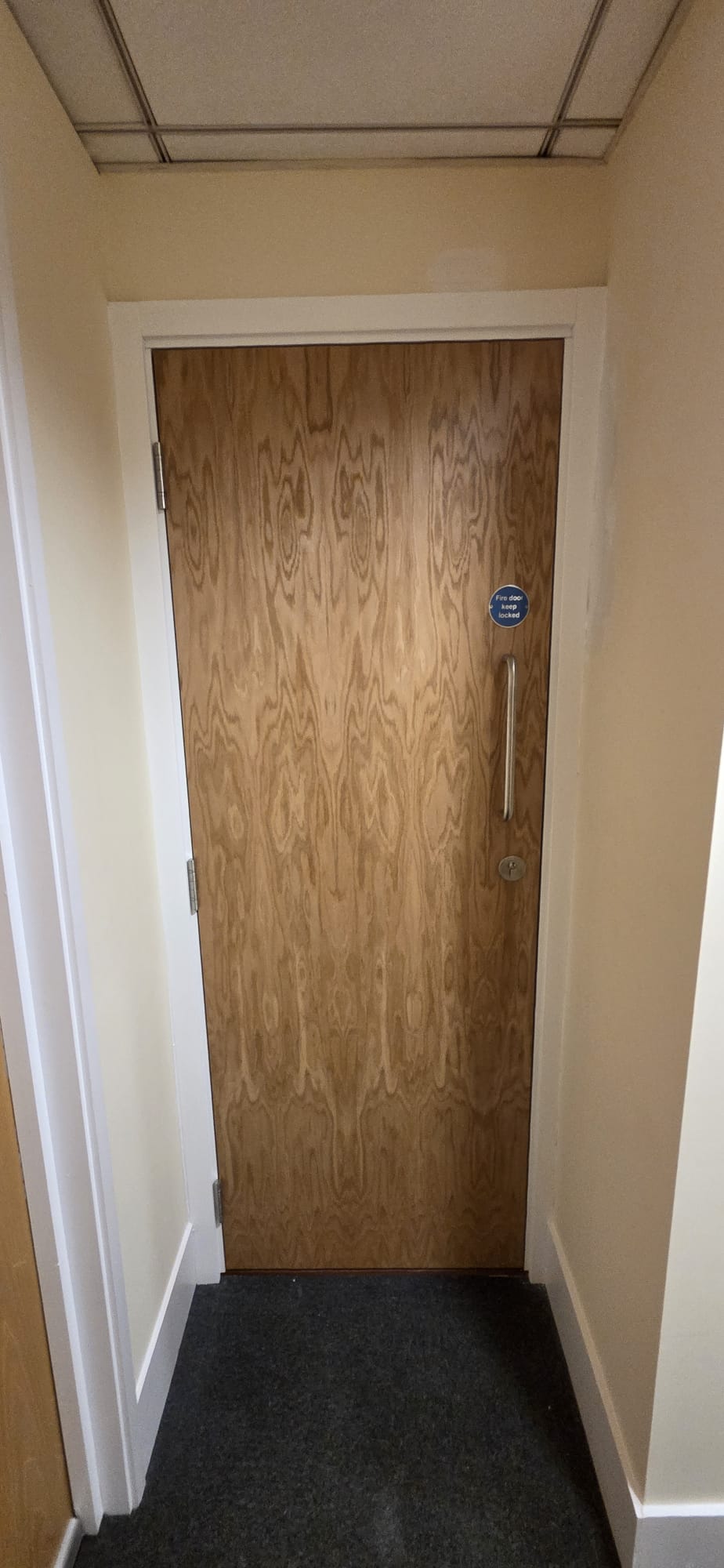 Certified pippy oak veneer fire door with pull handle installed at an office entrance