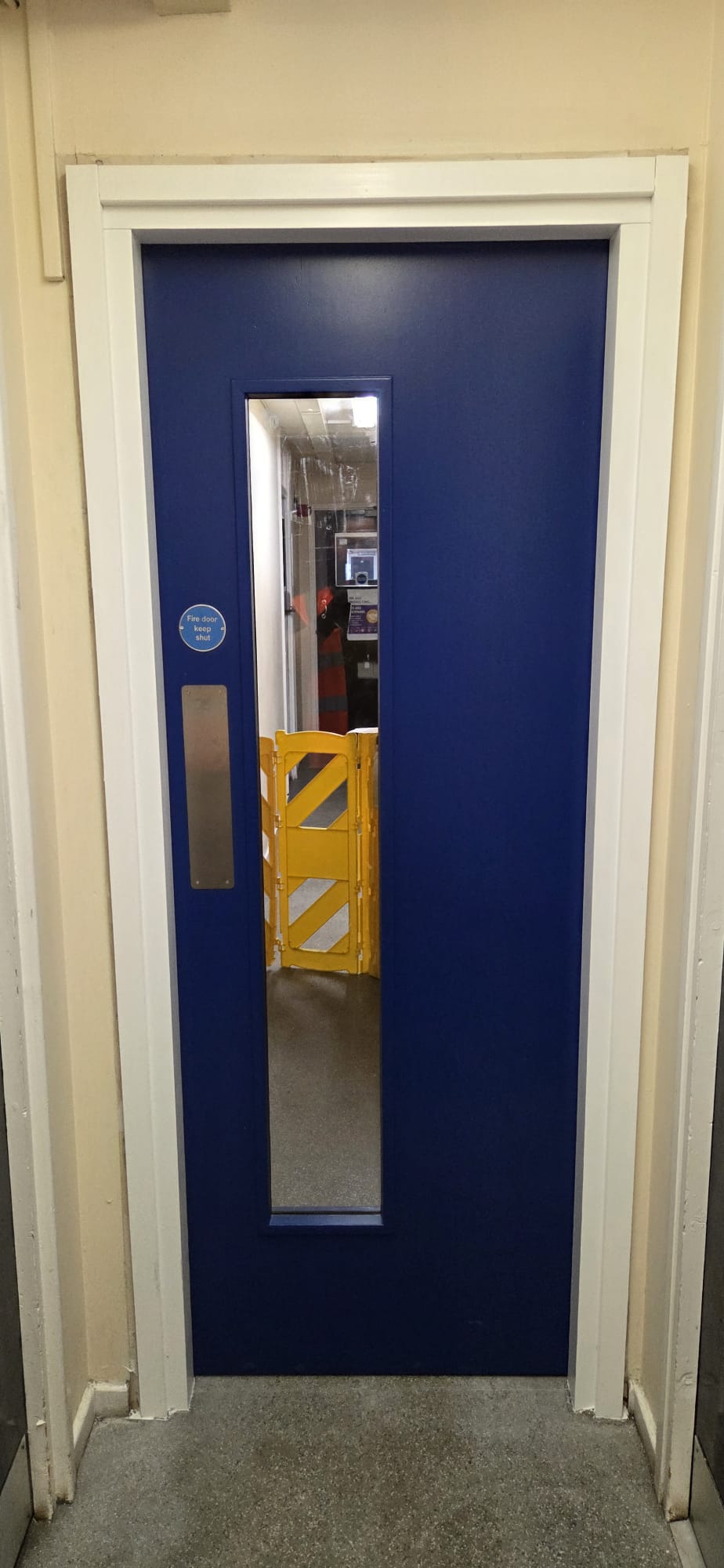 Certified blue fire door with vision panel and stainless push plate installed in a service corridor