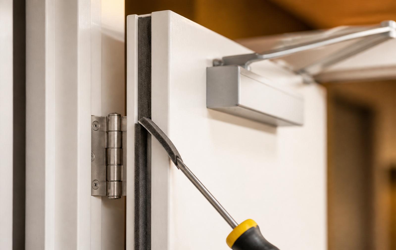 Close-up of a fire door under maintenance — intumescent seal, hinge and overhead door closer visible